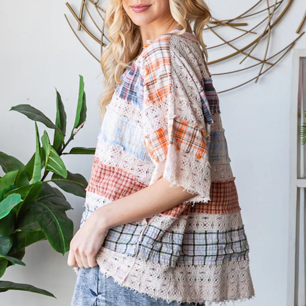 Oli & Hali Lace Plaid Mix Knit Top in Blush - Picture 3 of 6